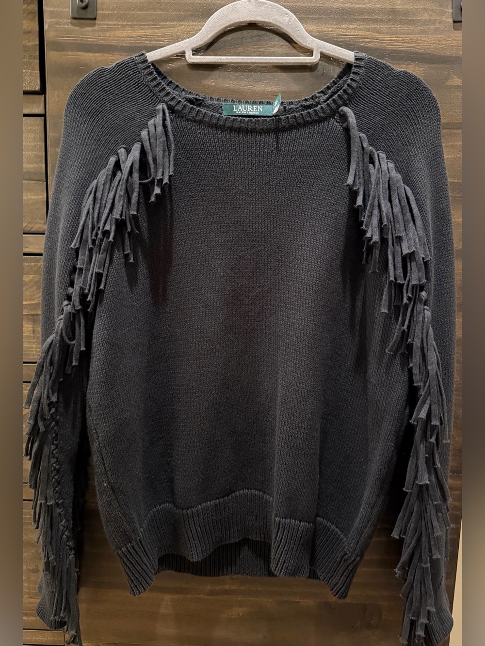 Lauren Ralph Lauren Fringe Black 100% Cotton Sweater Women’s L Western Boho